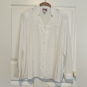 Chic White Button-Up Blouse with Embroidery